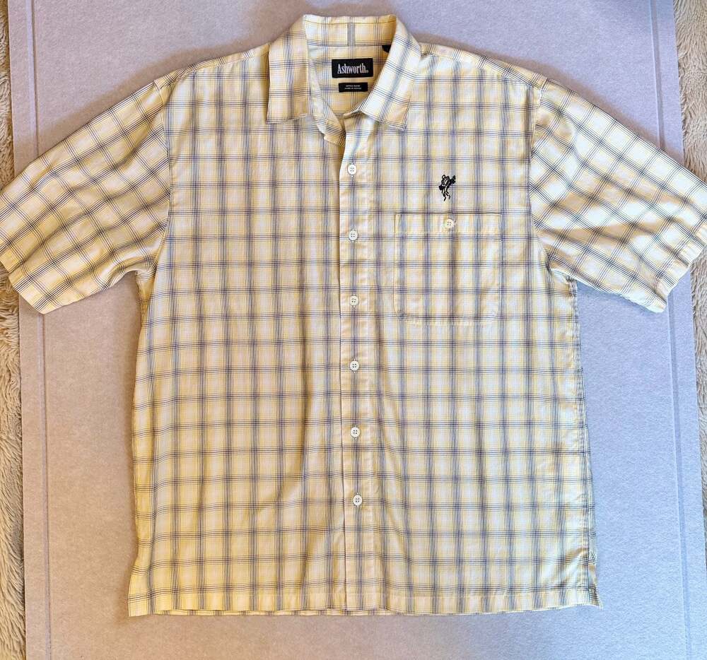 Ashworth Men’s Plaid Golf Shirt Large Yellow Short Sleeve Button Up Embroidere